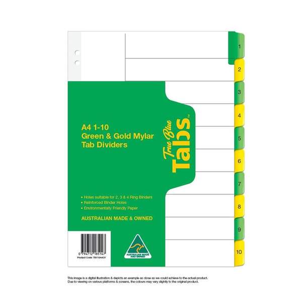 True Blue Tabs Printed 1-10 With Green & Gold Mylar