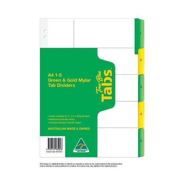 True Blue Tabs Printed 1-5 With Green & Gold Mylar