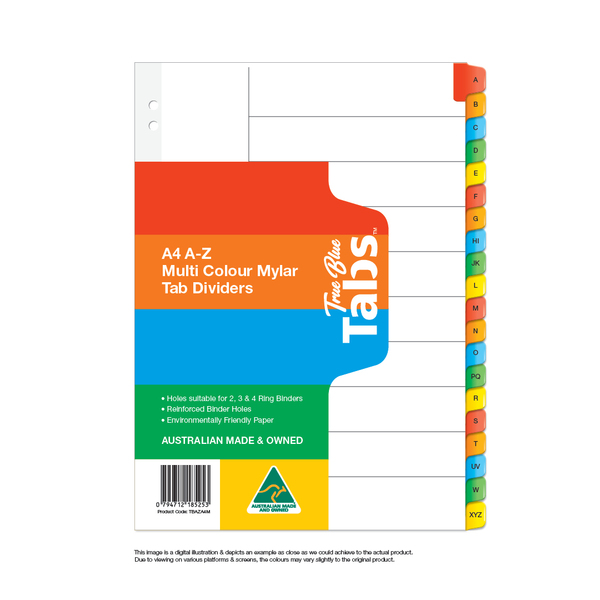 True Blue Tabs Numbered A-Z Multi Colour Mylar