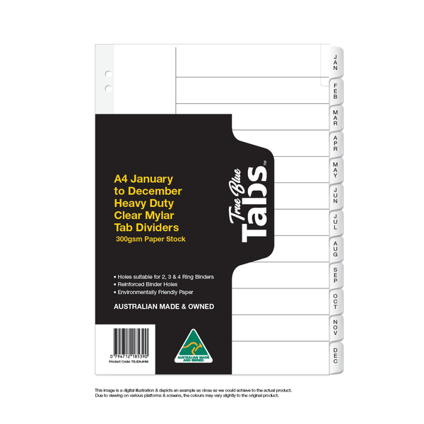 True Blue Tabs January to December Heavy Duty 300gsm With Clear Mylar Tabs