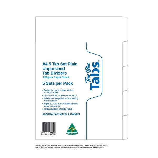 A4 Plain Tab Dividers 200gsm - 5 SETS PER PACK - Australian Made
